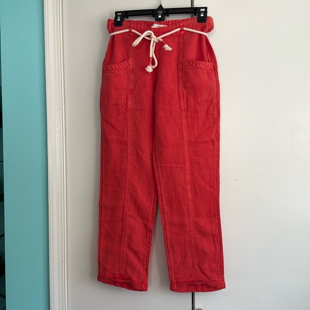 C&C California Red Linen Blend Rope Belt Utility Pants XS Pockets Cuffed Hem
